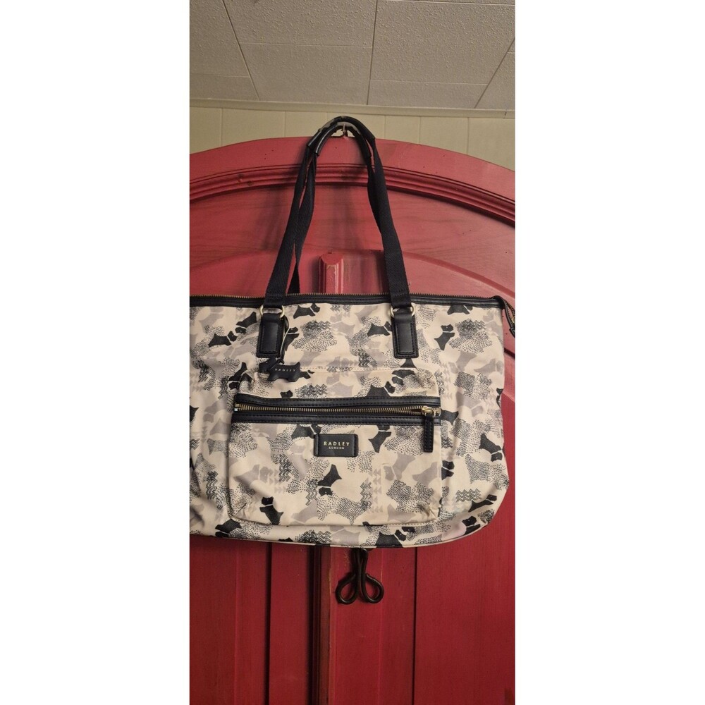 Radley London Nylon Zip Top Tote Bag Scottie Dog Print Cream Black Large READ